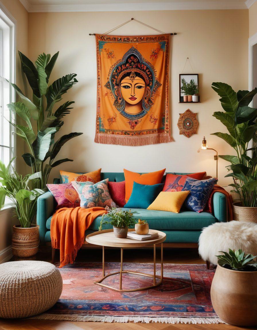 A cozy, inviting room adorned with an array of inspiring wall decor pieces, showcasing diverse styles such as bohemian tapestries, minimalist frames with nature prints, and colorful abstract art. The room is softly lit, featuring a comfortable seating area and indoor plants, creating a serene sanctuary atmosphere. Incorporate elements of warmth and creativity, emphasizing personal touch in decor. super-realistic. vibrant colors. soft lighting.