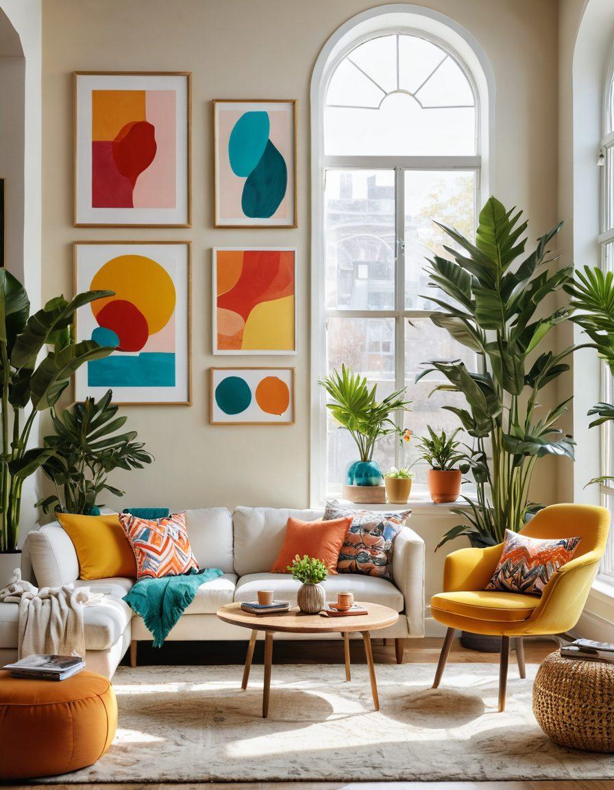 A vibrant living room scene filled with colorful wall art featuring abstract designs and cheerful quotes, surrounded by playful decor like bright cushions and lively indoor plants. The sunlight streams through a large window, casting a warm glow on the cheerful atmosphere. Include a cozy reading nook with a whimsical armchair and eye-catching decor, all encapsulated in a harmonious layout. super-realistic. vibrant colors. soft natural light.